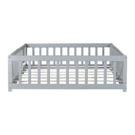 Rubber Wood Full Size Floor Bed With Fence, Door and Safety Guardrails