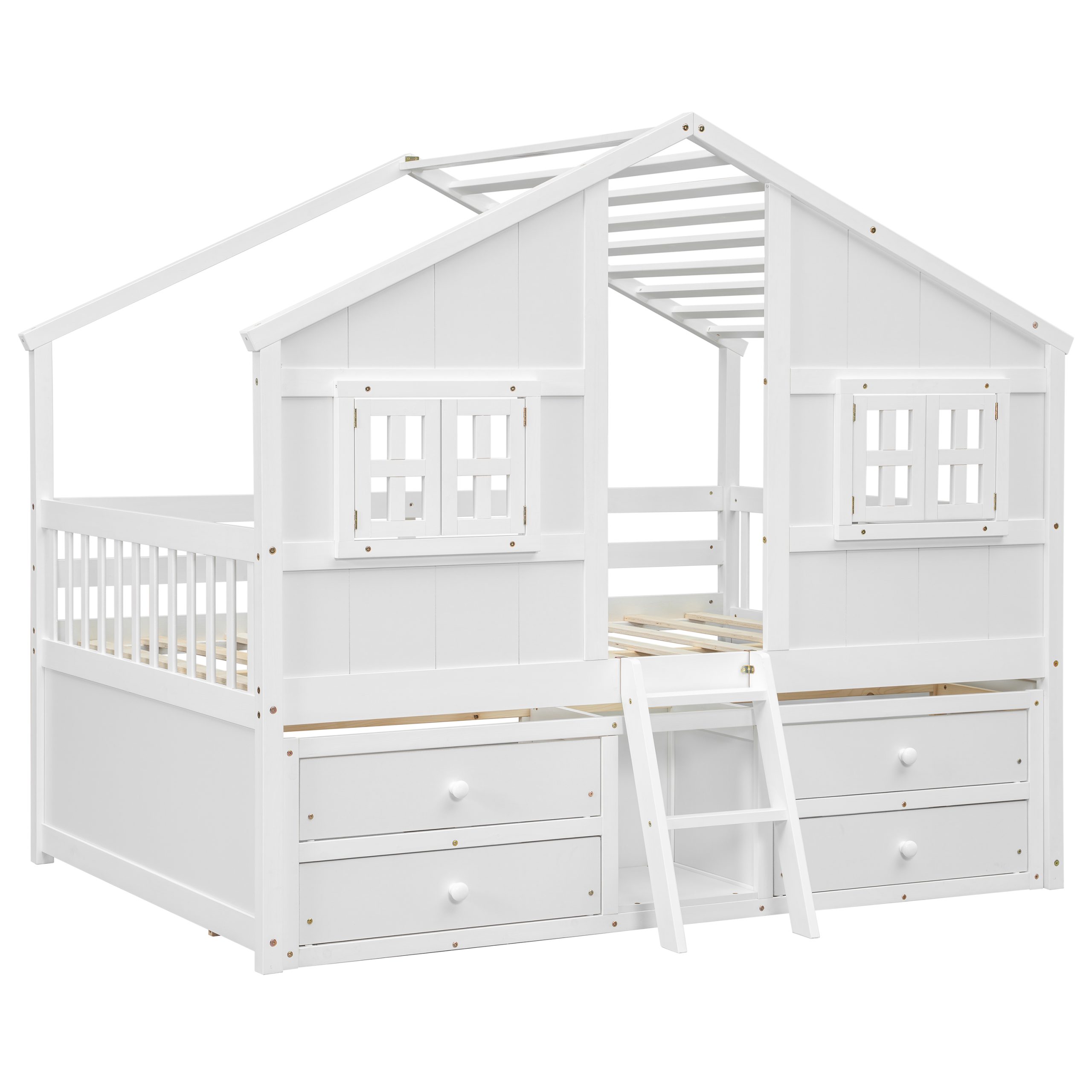 Full Size House Loft Bed with Roof, Windows, 4 Storage Drawers, Safety Guardrails and Ladder