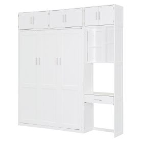 Full Size Wall Murphy Bed with Desk, Top Cabinet and Storage Shelves