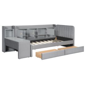 Twin Size Upholstered Daybed with Drawers, Shelves, Flip Cabinets & Side Table