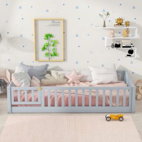 Rubber Wood Twin Size Floor Bed With Fence, Door and Safety Guardrails