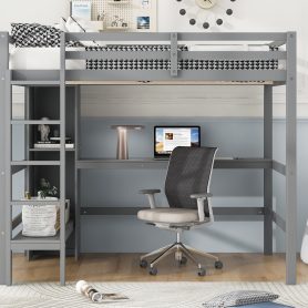 Full Size Loft Bed With Multifunction Shelves And Under-bed Desk