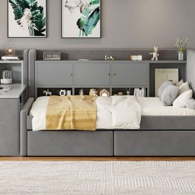 Twin Size Upholstered Daybed with Drawers, Shelves, Flip Cabinets & Side Table