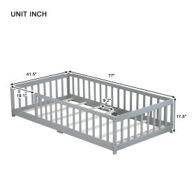Rubber Wood Twin Size Floor Bed With Fence and Safety Guardrails