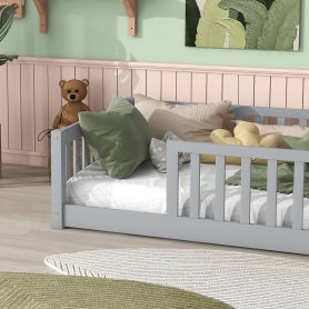 Rubber Wood Twin Size Floor Bed With Fence and Safety Guardrails