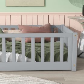 Rubber Wood Twin Size Floor Bed With Fence and Safety Guardrails