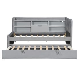 Twin Size Upholstered Daybed with Trundle, Storage Shelves, USB & Outlet