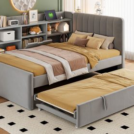 Twin Size Upholstered Daybed with Trundle, Storage Shelves, USB & Outlet