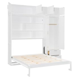 Queen Size Wall Murphy Bed With Top Cabinet, Shelves And Wardrobe