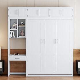 Queen Size Wall Murphy Bed With Desk, Top Cabinet And Storage Shelves