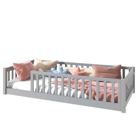 Rubber Wood Twin Size Floor Bed With Fence and Safety Guardrails