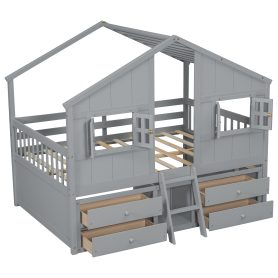 Full Size House Loft Bed with Roof, Windows, 4 Storage Drawers, Safety Guardrails and Ladder