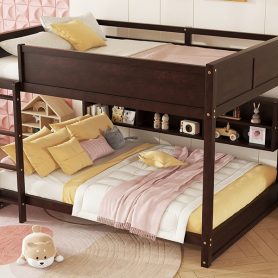 Queen Over Queen Bunk Bed with Built-in Storage Cabinets, Charging Station, Ladder, and Safety Guardrails