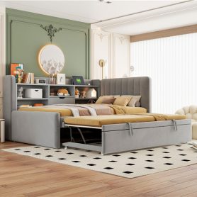 Twin Size Upholstered Daybed with Trundle, Storage Shelves, USB & Outlet