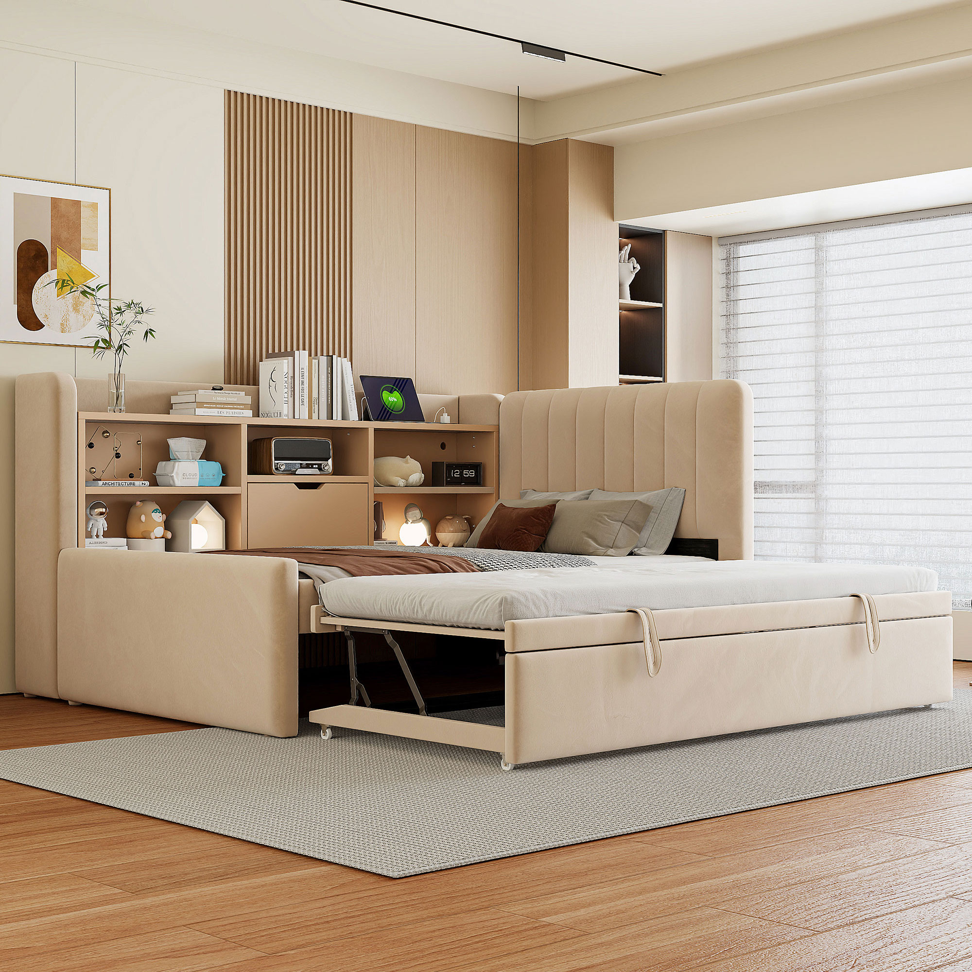 Twin Size Upholstered Daybed with Trundle, Storage Shelves, USB & Outlet