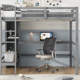Full Size Loft Bed With Multifunction Shelves And Under-bed Desk
