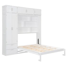 Queen Size Wall Murphy Bed With Top Cabinet, Shelves And Wardrobe