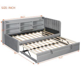 Twin Size Upholstered Daybed with Trundle, Storage Shelves, USB & Outlet