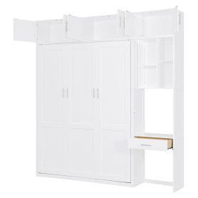 Queen Size Wall Murphy Bed With Desk, Top Cabinet And Storage Shelves
