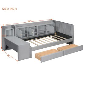 Twin Size Upholstered Daybed with Drawers, Shelves, Flip Cabinets & Side Table