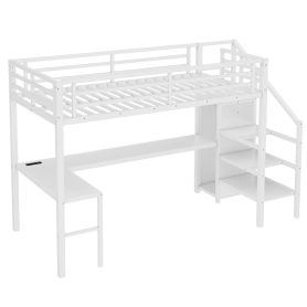 Twin XL Size Metal Loft Bed with L-Shaped Desk, USB, Wardrobe and Adjustable Shelf