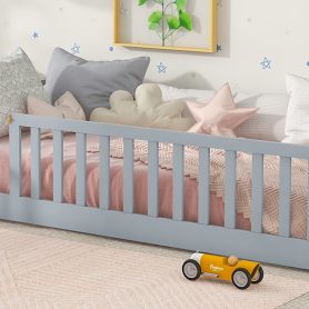 Rubber Wood Twin Size Floor Bed With Fence, Door and Safety Guardrails