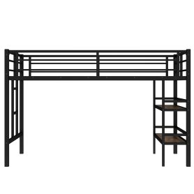Twin Size Metal Loft Bed With Storage Shelf, Easy Climbing Ladder And Guardrails