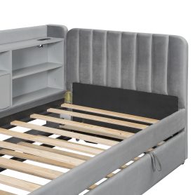 Twin Size Upholstered Daybed with Trundle, Storage Shelves, USB & Outlet