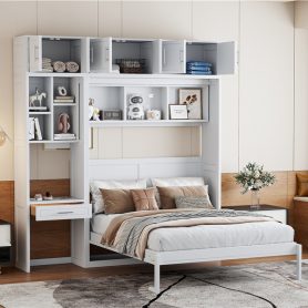 Queen Size Wall Murphy Bed With Desk, Top Cabinet And Storage Shelves