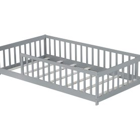 Rubber Wood Twin Size Floor Bed With Fence and Safety Guardrails