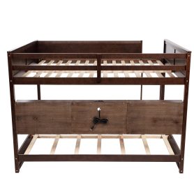 Queen Over Queen Bunk Bed with Built-in Storage Cabinets, Charging Station, Ladder, and Safety Guardrails