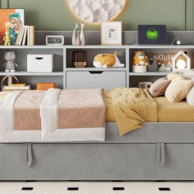 Twin Size Upholstered Daybed with Trundle, Storage Shelves, USB & Outlet