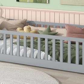 Rubber Wood Twin Size Floor Bed With Fence and Safety Guardrails