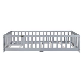 Rubber Wood Full Size Floor Bed With Fence, Door and Safety Guardrails
