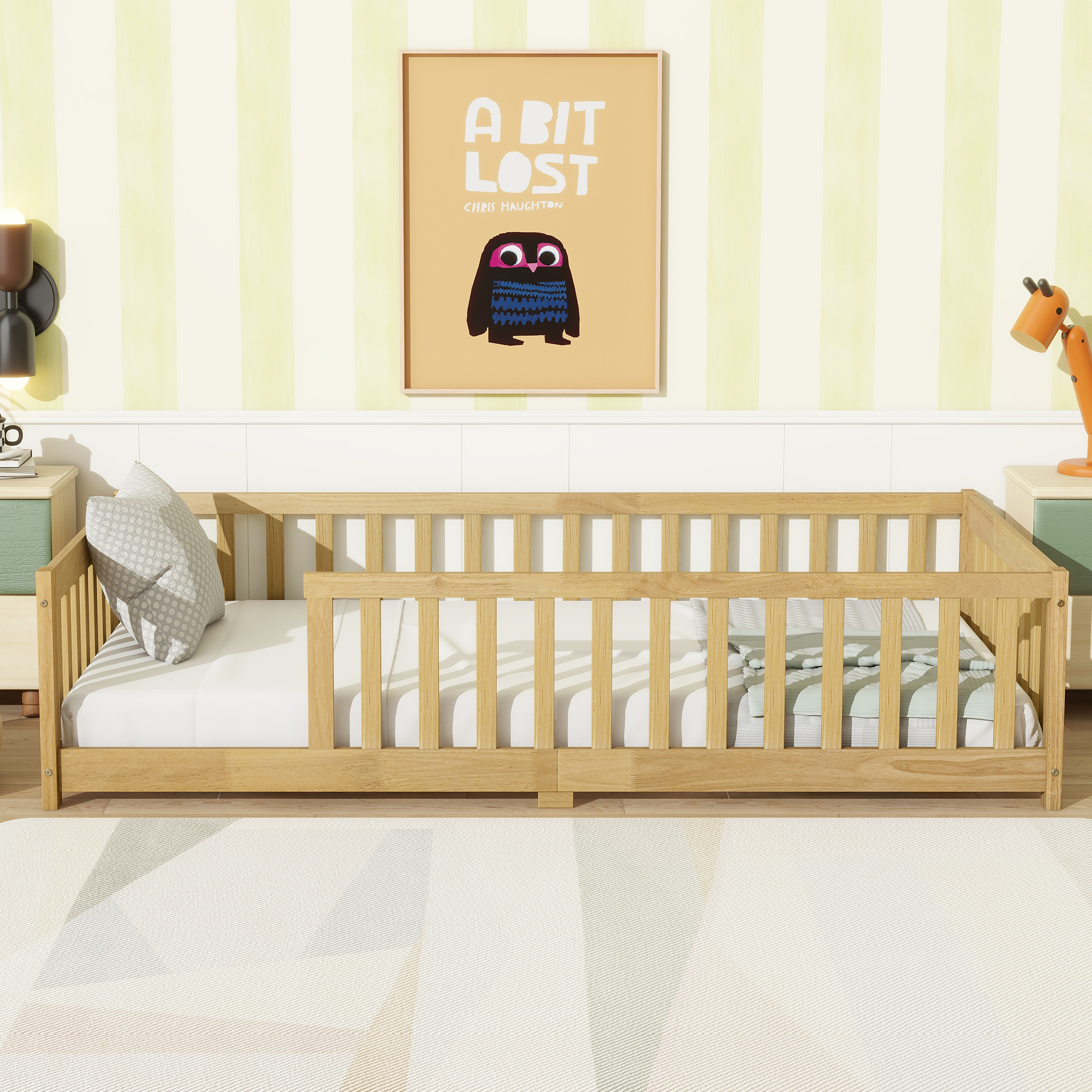 Rubber Wood Twin Size Floor Bed With Fence and Safety Guardrails