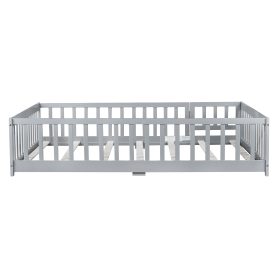 Rubber Wood Full Size Floor Bed With Fence, Door and Safety Guardrails