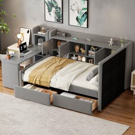 Twin Size Upholstered Daybed with Drawers, Shelves, Flip Cabinets & Side Table