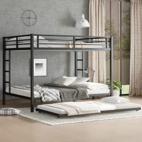 Queen over Queen Metal Bunk Bed with Twin Size Trundle