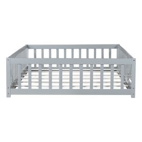 Rubber Wood Full Size Floor Bed With Fence, Door and Safety Guardrails