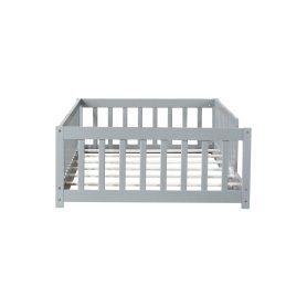 Rubber Wood Twin Size Floor Bed With Fence and Safety Guardrails
