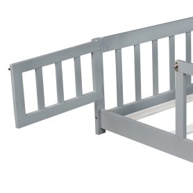 Rubber Wood Full Size Floor Bed With Fence, Door and Safety Guardrails
