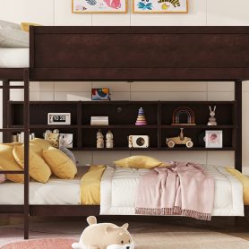 Queen Over Queen Bunk Bed with Built-in Storage Cabinets, Charging Station, Ladder, and Safety Guardrails