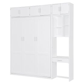 Queen Size Wall Murphy Bed With Desk, Top Cabinet And Storage Shelves