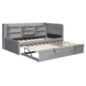 Twin Size Upholstered Daybed with Trundle, Storage Shelves, USB & Outlet