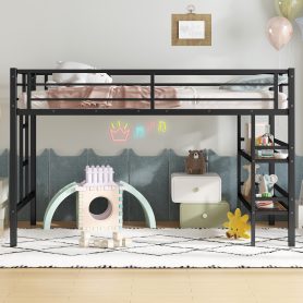 Twin Size Metal Loft Bed With Storage Shelf, Easy Climbing Ladder And Guardrails
