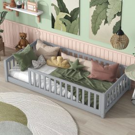 Rubber Wood Twin Size Floor Bed With Fence and Safety Guardrails