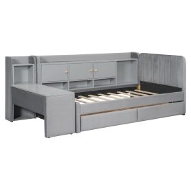 Twin Size Upholstered Daybed with Drawers, Shelves, Flip Cabinets & Side Table