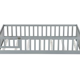 Rubber Wood Twin Size Floor Bed With Fence, Door and Safety Guardrails