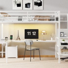 Twin XL Size Metal Loft Bed with L-Shaped Desk, USB, Wardrobe and Adjustable Shelf