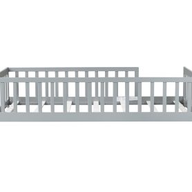 Rubber Wood Twin Size Floor Bed With Fence and Safety Guardrails